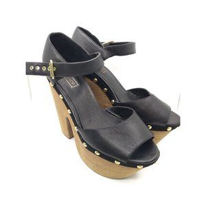 Topshop Lassie Black gold stud Peep Toe chunky Velvet Wood Platform Heels sz 10